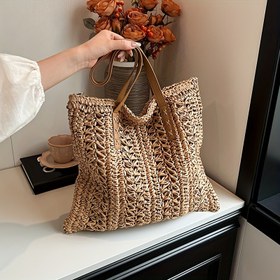 Resim Büyük Kapasiteli Kadın Omuz Çantası - Şık Düz Renk, Hollow Dokuma Tasarımı, Fermuarlı Rahat Plaj Tote'si, Polyester Kaplı, Plaj Omuz Çantası|Casual Şık Çanta|Kağıt Dokuma Çanta 