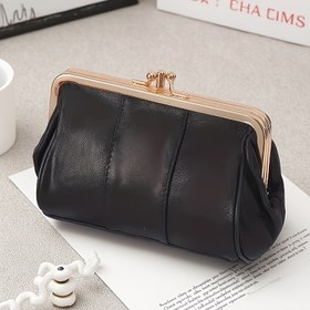Resim Vintage Tarzı Altın Metal Çerçeveli Hakiki Deri Kadın Cüzdanı – Siyah Mini Para Kesesi ve Anahtarlık, Şık Dokulu Tasarım 
