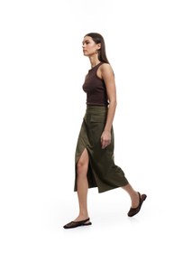Resim Gabardin Kumaş Slim Fit Kapaklı Cep Detaylı Yırtmaçlı Midi Kalem Etek 