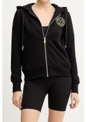 Resim Kadın Regular Fit Altın Rengi Nakışlı V Amblemli Kapüşonlu Fermuarlı Sweatshirt - Siyah/gold Black/gold 
