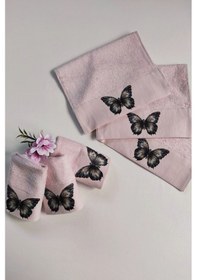 Resim 3'lü Dijital Baskılı Mutfak Havlu Takımı Kelebekli Bambu El Havlusu Seti Ekstra Yumuşak Pudra Pudra 