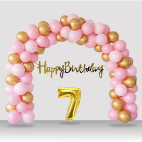 Resim 7 Yaş Retro Gold Pembe Balon Happy Birthday Banner Gold Rakam Doğum Günü Süsleme Çok Renkli 