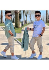 Resim Modavals Cep Ve Kol Detaylı Düğmeli Ceket Baskılı Tişört Ve Kargo Pantolon 3 Parça Erkek Çocuk Takım-589274601 Yeşil 