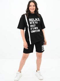 Resim Kadın Yazı Baskılı Büyük Beden Şortlu Takım 3796-23 - 6XL / Bej 
