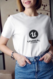 Resim Kio Tasarım Kadın Unreal Engine Logo Baskılı Tişört %100 Pamuk 