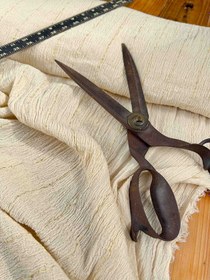 Resim Neutral Stretchy Crinkle Cotton Fabric, Textured Surface, Off White Handwoven Cotton With Glitter Stripes. 