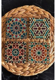 Resim Taş Bardak Altlığı Geometrik Desenler- Selçuklu Desenleri 4'lü Set 10x10x1 Cm Stone Coasters Çok Renkli 