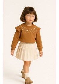 Resim Overdo Kids Fırfırlı Yakası Çiçek Nakışlı 2 İplik Uzun Kol Kız Çocuk Sweatshirt Kahverengi 