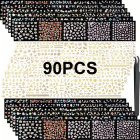 Resim 90 Yaprak Karışık Bahar Çiçek Tırnak Sanatı Stickerları - Y2k 3D Kendinden Yapışkanlı Geometrik Çiçekli Kelebek Kalp Ay Yıldız Tırnak Süslemeleri - Kadınlar için Trendy DIY Manikür, 1 Adet Cımbız ile Birlikte 
