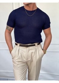 Resim Modefendi Yuvarlak Yaka Örme Detaylı Pamuk Yapılı Slim Fit Tshirt Lacivert 