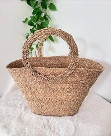 Resim Dekoratif Kulplu Hasır Sepet Plaj Çanta Sele 40x22cm Açık Kahverengi 