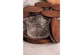 Resim 6'lı Ahşap Kapaklı Cam Kahvaltılık Seti, Çok Amaçlı ve Vakumlu 230 ml 