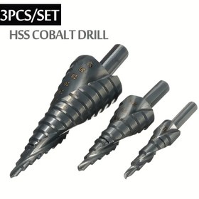 Resim 3'lü Kobalt Yüksek Hız Çeliği Adım Matkap Ucu Seti, 4-12mm 4-20mm 4-32mm Nitrür Kaplamalı, Üçgen Saplı Spiral Metal Konik - Hassas Delik Açma Araçları 