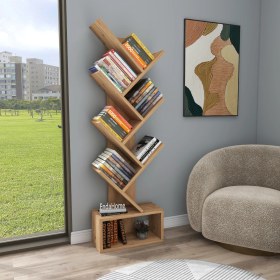 Resim Zuesse Dizayn Carina 8 Raflı Bölmeli Dekoratif Zikzak Kitaplık Ofis Kitaplığı Dolap Evrak Rafı Ev Rafı - Çam 