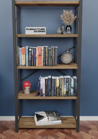 Resim FurnatureDesign Metal Kitaplık 5 Raflı Dekoratif Kitaplık Atlantik Çam 