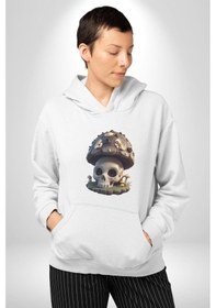 Resim Kurukafa Mantar Ev Kadın Erkek Beyaz Kapüşonlu Sweatshirt Hoodie Beyaz 