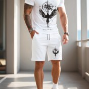 Resim 2 adet Rahat Moda Takımı Eros 3D Dijital Baskı Erkek Yuvarlak Yaka Kısa Kollu + Şort Takımı, Hormon Bombası Yaz Sokaklarında, Düzenli Kesim, T-Shirt Hızlı Kuruyan ve Nefes Alabilen 