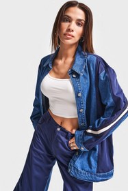 Resim Kadın Kot Rengi 1w5-5 Oversize Parçalı Kumaş Özel Tasarım Denim Ceket - Kot Renk / S/M 