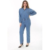 Resim Kadın Büyük Beden Mavi Ön Düğmeli Bel Kısmı Lastik Detaylı Göğüs Ve Arka Cepli Kot Tulum 65n37574-mavi Mavi 