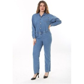 Resim Kadın Büyük Beden Mavi Ön Düğmeli Bel Kısmı Lastik Detaylı Göğüs Ve Arka Cepli Kot Tulum 65n37574-mavi Mavi 