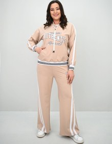 Resim Kadın Büyük Beden Kordonlu Bol Paça Eşofman Takımı 8164-25 - 3XL / Bej 