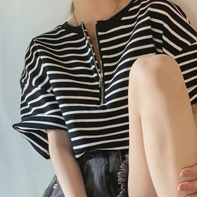 Resim Kadınlar için Lacivert ve Beyaz Yatay Çizgili Tişört - Bol Kesim Günlük Üst, Nefes Alabilen Rahat Gömlek CX1461, Yazlık Kıyafet, Yuvarlak Yaka, Makinede Yıkanabilir 