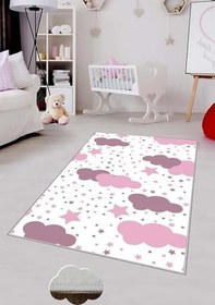 Resim Pelangi Beyaz Pembe Bulut Desenli Yıkanabilir Kaymaz Taban Leke Tutmazbebek Ve Çocuk Odası Halısı, Pembe-Beyaz 80 x 150 