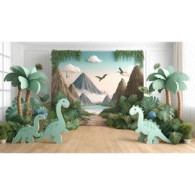 Resim Venspor Dinozorlar ve Dağ Manzarası ile Çocuk Temalı Arkaplan, 200x150cm, Fon, Duvar Örtüsü 