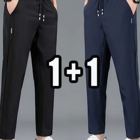 Resim 2 Adet Erkek Hızlı Kuruyan Nefes Alabilen Eşofman Altı - Düz Renk Siyah & Lacivert, Rahat Bağcıklı Bel Düz Paça Pantolon Yan Cepli Tüm Sezon Dış Aktiviteler İçin, Günlük Giyim | Bağcıklı Bel Bandı | Nefes Alabilen Kumaş 