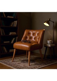 Resim Azra Mobilya Modern Kapitoneli Deri Berjer Sandalye Ahşap Ayaklı, Demonte Gönderim, Renk Seçenekli Taba 