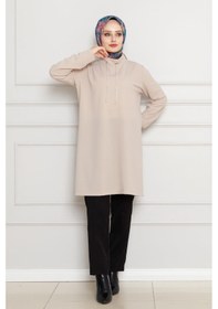 Resim Sevitli Dik Yaka Tunik-bej-4456 Bej 