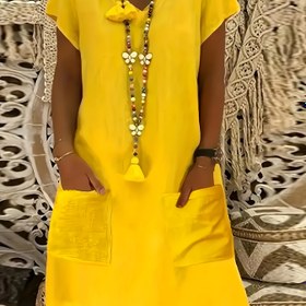 Resim Kadınlar İçin Casual Sarı V-Yaka Kısa Kollu Elbise Cebi ile - Hafif Polyester A-Şerit Etek Bahar/Yaz, Tatil Stili, Sonbahar Modası Için | Canlı Sarı Elbise | Canlı Sarı Elbise 