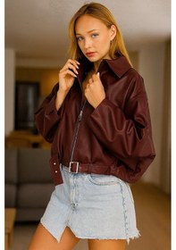Resim Prifaldi Oversize Bomber Deri Ceket Bordo 