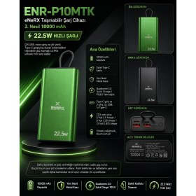 Resim Enerx ENR-P10MTK Powerbank 10000 Mah 22.5W Hızlı Şarj, Dahili Type-C Kablolu Yeni Nesil Metal Kasa Taşınabilir Şarj Cihazı 