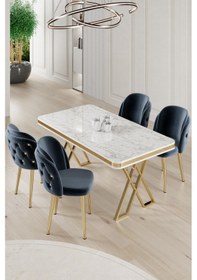 Resim Canisa Rigel Serisi 80x130 Lak Panel Beyaz Mermer Desen Masa Takımı Gold Ayaklı 4 Antrasit Sandalye Masa Beyaz Mermer Desen Sandalye Antrasit 