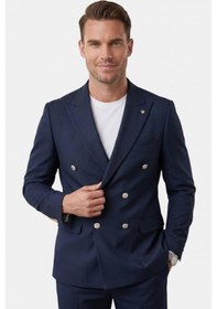Resim Deep Sea Deepsea Erkek Lacivert Slim Fit Kruvaze Takım Elbise Likralı Çizgili Dokulu Metal Düğmeli 2600820 