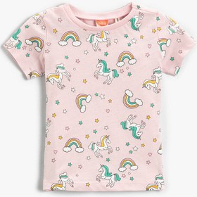 Resim Kız Bebek Unicorn Baskılı Bisiklet Yaka Kısa Kollu Tişört Pamuklu 