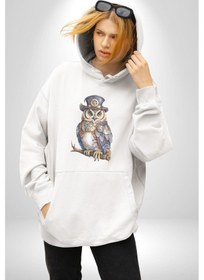 Resim Şapkalı Amerikalı Baykuş Burjuva Baykuş Kadın Erkek Beyaz Kapüşonlu Sweatshirt Hoodie Beyaz 