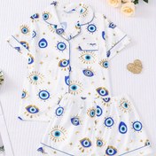 Resim Kadınlar için 2 adet Nefes Alıcı Mavi Göz ve Yıldız Baskılı Pijama Takımı - Rahat Tüm Mevsimler İçin Kısa Kollu Üst ve Gevşek Şort, Ev ve Rahat Giyim İçin Mükemmel, Rahat Kesim, Tüm Mevsimler Pijama|Oyuncağı Baskılı Tasarım|Kısa Kollu Üst, Kadın Pijama 