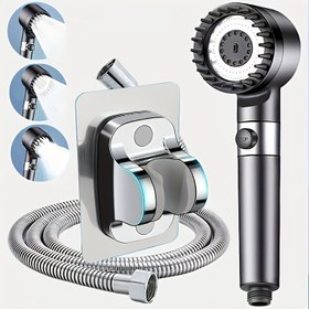 Resim 1 set gri basınçlı duş başlığı, üç hızlı ayarlanabilir el duş başlığı ve duş askısı duş hortumu, tek düğme su durdurma anahtarı ve güçlü sprey duş, Yeni Yıl hediyesi 