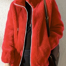 Resim Kadınlar İçin Kışlık Mont - Fermuarlı, İpli Kapüşonlu Peluş Dış Ceket - Makinede Yıkanabilir Soğuk Hava Montu - Kırmızı Renk, Günlük ve Resmi Etkinlikler için Şık Dış Giyim, Yapay Kürklü Astar, Yüksek Kalite Bitiş, Profesyonel Kıyafet 