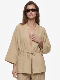 Resim Koton Geniş Uzun Kollu Cepli Beli Bağcıklı Oversize Kimono Ceket 