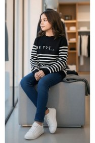 Resim Minimoda Kids Kız Çocuk Çizgili Nakışlı Kazak 