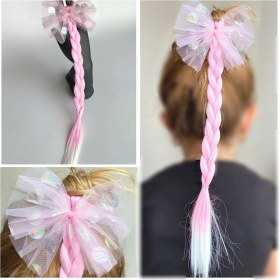 Resim Queen Aksesuar Hologram Puantiyeli Tül Fiyonk Pastel Pembe Beyaz Balyajlı Rapunzel Örgü Saç Postiş Toka 