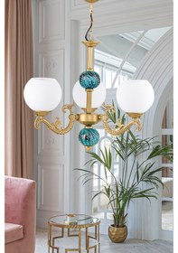 Resim Dede Üç Kollu Zamak Avize Beyaz Camli Yeşil Çinili 