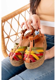 Resim Multi Ortopedik Hakiki Deri Dolgu Kadın Sandalet Taba 