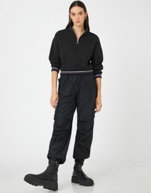 Resim Crop Sweatshirt Yarım Fermuarlı Dik Yaka Çizgi Detaylı 