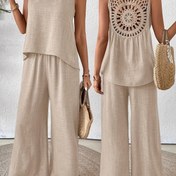 Resim Kadın Yaz Sırtı Açık Kesim Paneli Tank Üstü + Geniş Bacaklı Pantolon Takımı - Rahat, Basit, Kolsuz, Polyester, Hafif Bej, Bahar/Yaz için Mükemmel, Rahat Kıyafet|Arka Açık Üst|Polyester Kumaş 