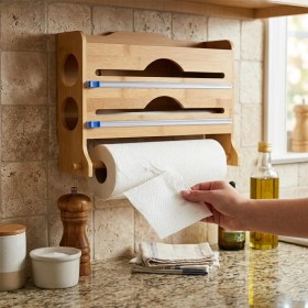 Resim Ulu Pazarlama 2ın1 = 2 Streçlik - 1 Kağıt Havluluk Ahşap Bambu Streçlik - Folyoluk - Havluluk Kesici Bıçak Kanallı (5570) 