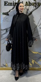 Resim Lotus Detaylı Siyah Taşlı Abaya TM025 HSB - Zarif Etkileyici Model - 3XL / Siyah 